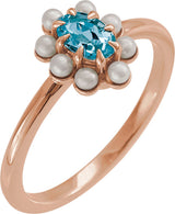 14K Gold Oval Natural London Blue Topaz & Cultured White Seed Pearl Halo-Style Pearl Ring - Rose Gold