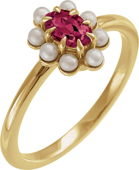 14K Gold Oval Natural Rhodolite Garnet & Cultured White Seed Pearl Halo-Style Pearl Ring - Yellow Gold
