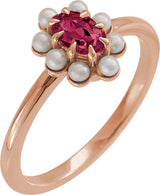 14K Gold Oval Natural Rhodolite Garnet & Cultured White Seed Pearl Halo-Style Pearl Ring - Rose Gold