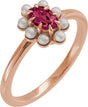 14K Gold Oval Natural Rhodolite Garnet & Cultured White Seed Pearl Halo-Style Pearl Ring - Rose Gold