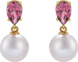 14K Gold Cultured White Akoya Pearl & Natural Pink Tourmaline Pearl Earrings - Yellow Gold - view 4