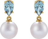 14K Gold Cultured White Akoya Pearl & Natural Aquamarine Pearl Earrings - Yellow Gold - view 4