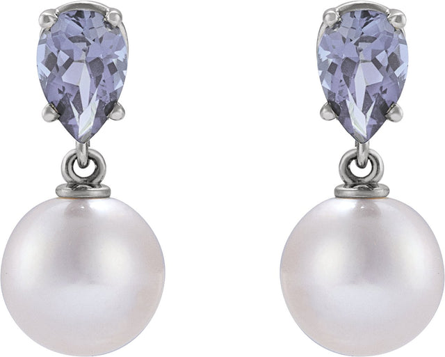 Platinum Cultured White Akoya Pearl & Natural Tanzanite Pearl Earrings - view 4