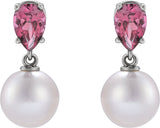 Platinum Cultured White Akoya Pearl & Natural Pink Tourmaline Pearl Earrings - view 4