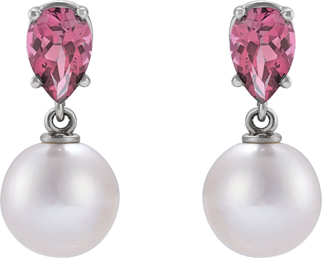 14K Gold Cultured White Akoya Pearl & Natural Pink Tourmaline Pearl Earrings - White Gold - view 4