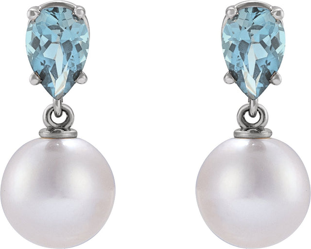 Platinum Cultured White Akoya Pearl & Natural Aquamarine Pearl Earrings - view 4