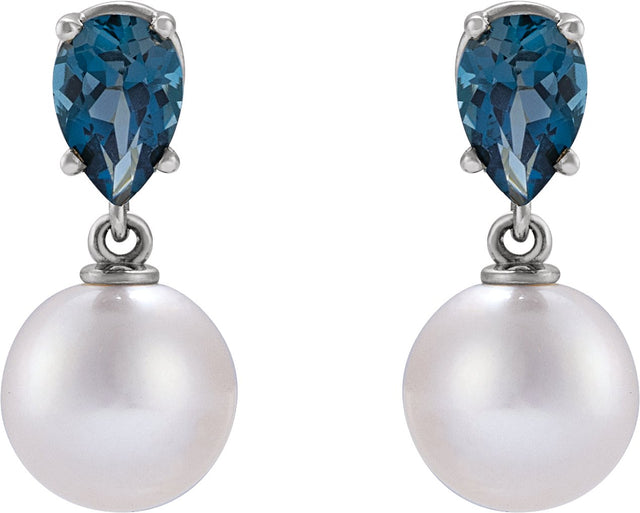 Platinum Cultured White Akoya Pearl & Natural London Blue Topaz Pearl Earrings - view 4