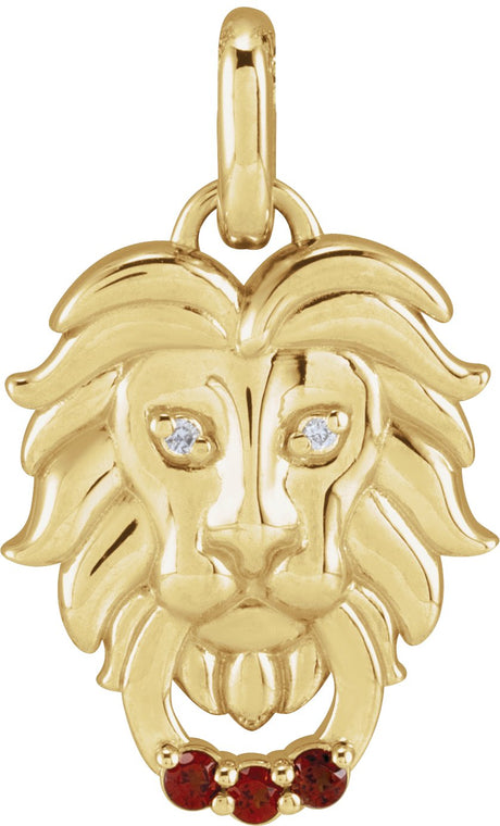 14K Gold Round Natural Mozambique Garnet & Natural Diamond Accented Lion Necklace or Pendant – 0.005 CTW - Yellow Gold