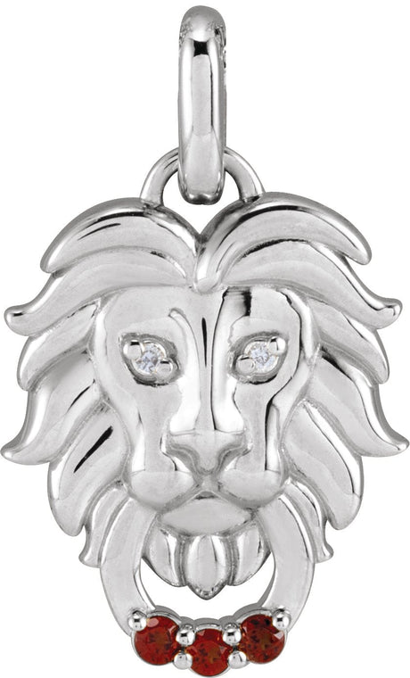 14K Gold Round Natural Mozambique Garnet & Natural Diamond Accented Lion Necklace or Pendant – 0.005 CTW - White Gold