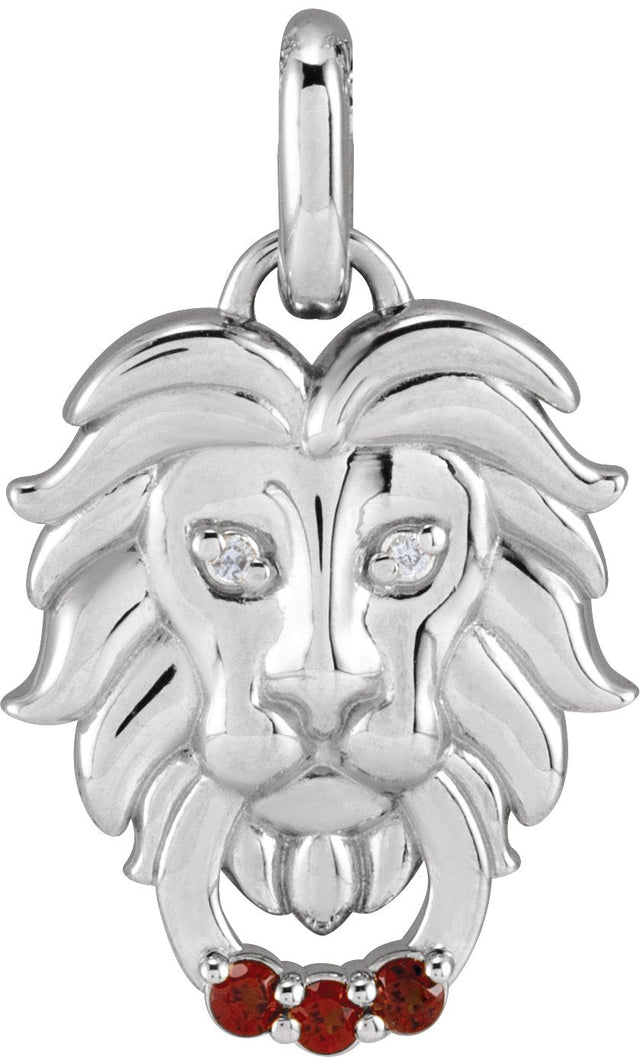 14K Gold Round Natural Mozambique Garnet & Natural Diamond Accented Lion Necklace or Pendant – 0.005 CTW - White Gold