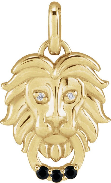 14K Gold Round Natural Black Spinel & Natural Diamond Accented Lion Necklace or Pendant - Yellow Gold
