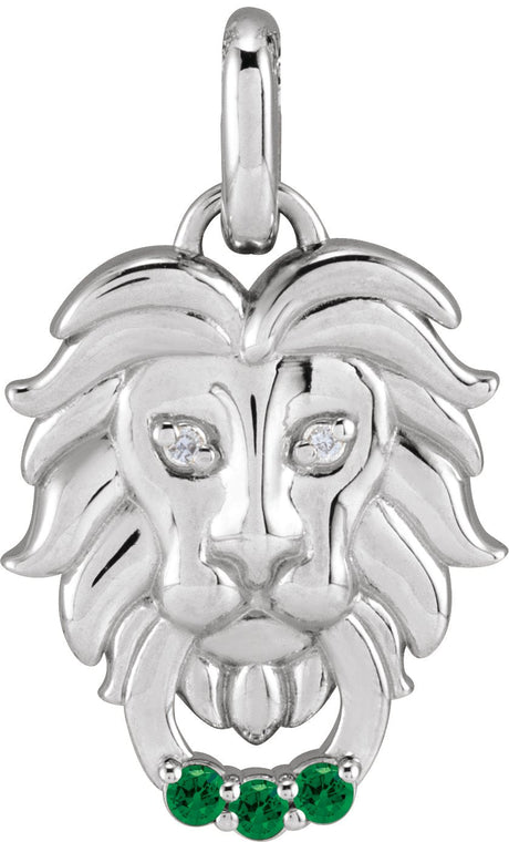 14K Gold Round Natural Tsavorite Garnet & Natural Diamond Accented Lion Necklace or Pendant - White Gold