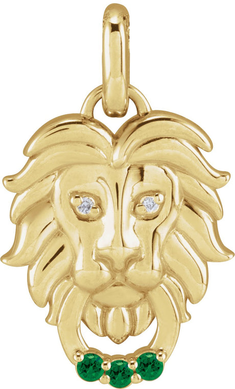 14K Gold Round Natural Tsavorite Garnet & Natural Diamond Accented Lion Necklace or Pendant - Yellow Gold