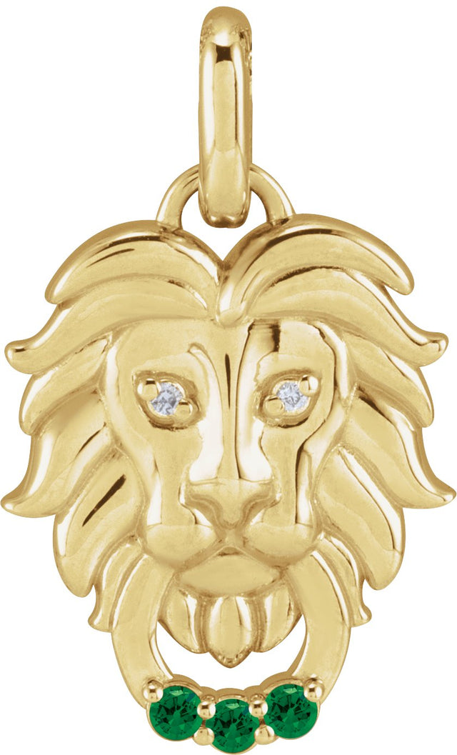 14K Gold Round Natural Tsavorite Garnet & Natural Diamond Accented Lion Necklace or Pendant - Yellow Gold