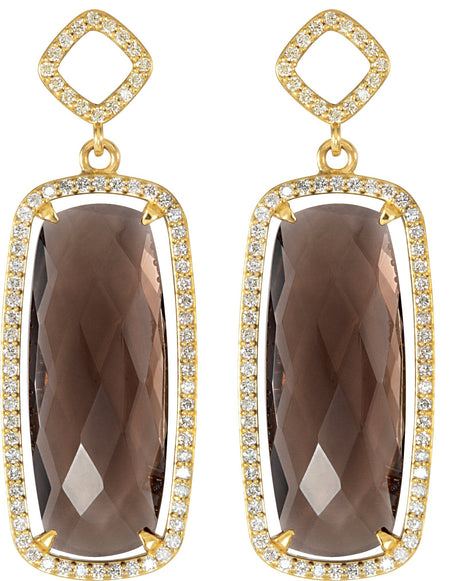 14K Gold Elongated Cushion Natural Smoky Quartz & Natural Diamond Halo-Style Earrings – 25x10mm - view 2