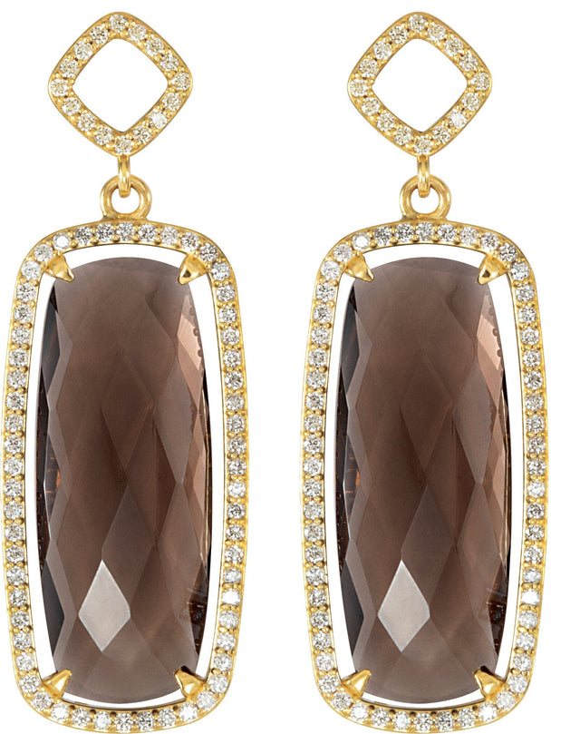 14K Gold Elongated Cushion Natural Smoky Quartz & Natural Diamond Halo-Style Earrings – 25x10mm - view 2