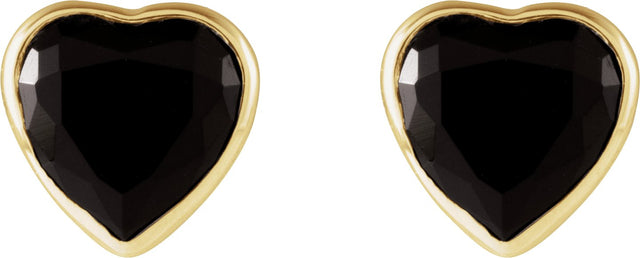 14K Gold Natural Black Onyx Heart Bezel-Set Stud Earrings - Yellow Gold - view 2