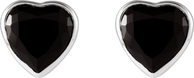 14K Gold Natural Black Onyx Heart Bezel-Set Stud Earrings - White Gold - view 2