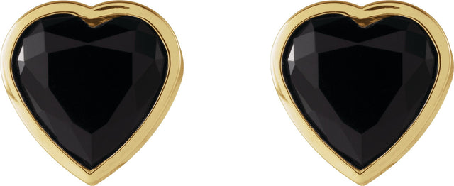 14K Gold Natural Black Onyx Heart Bezel-Set Stud Earrings - Yellow Gold - view 2