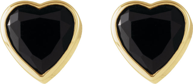 14K Gold Natural Black Onyx Heart Bezel-Set Stud Earrings - Yellow Gold - view 2