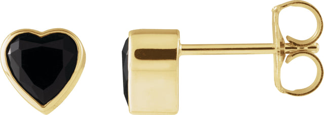 14K Gold Natural Black Onyx Heart Bezel-Set Stud Earrings - Yellow Gold