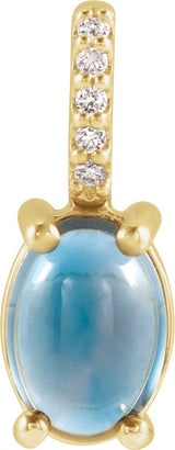 14K Gold Oval Natural London Blue Topaz & Natural Diamond Accented Cabochon Necklace or Pendant – 0.02 CTW - Yellow Gold