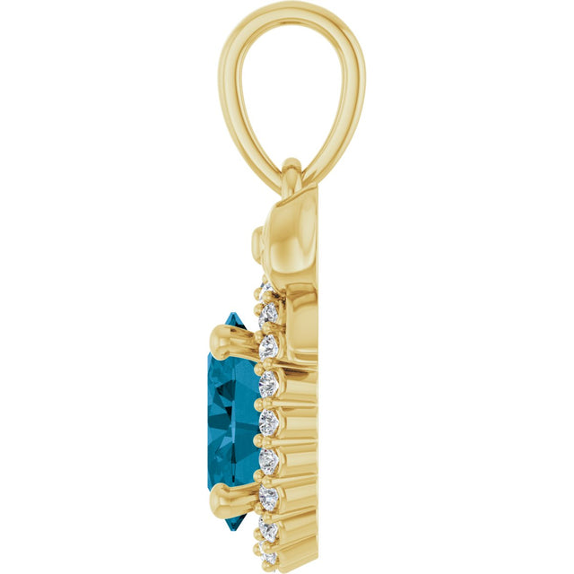 14K Gold Oval Natural London Blue Topaz & Natural Diamond Accented Bow Necklace or Pendant - Yellow Gold - view 3
