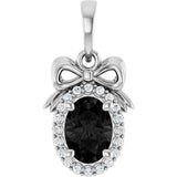 14K Gold Oval Natural Black Onyx & Natural Diamond Accented Bow Necklace or Pendant - White Gold