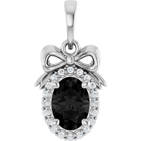 14K Gold Oval Natural Black Onyx & Natural Diamond Accented Bow Necklace or Pendant - White Gold