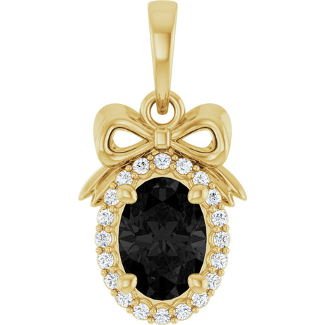 14K Gold Oval Natural Black Onyx & Natural Diamond Accented Bow Necklace or Pendant - Yellow Gold