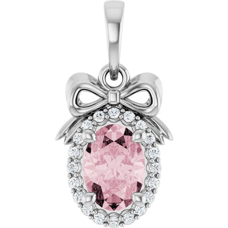 Platinum Oval Natural Pink Morganite & Natural Diamond Accented Bow Necklace or Pendant