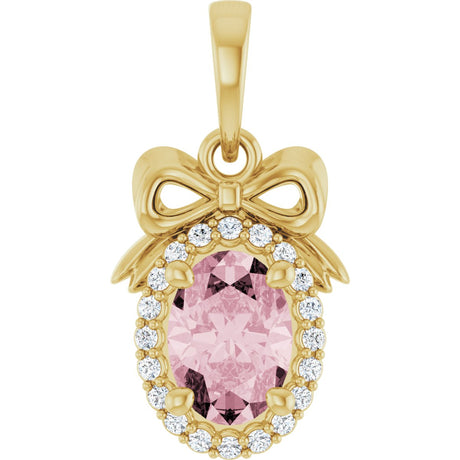 14K Gold Oval Natural Pink Morganite & Natural Diamond Accented Bow Necklace or Pendant - Yellow Gold