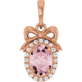 14K Gold Oval Natural Pink Morganite & Natural Diamond Accented Bow Necklace or Pendant - Rose Gold