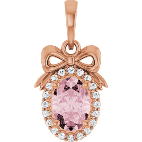 14K Gold Oval Natural Pink Morganite & Natural Diamond Accented Bow Necklace or Pendant - Rose Gold