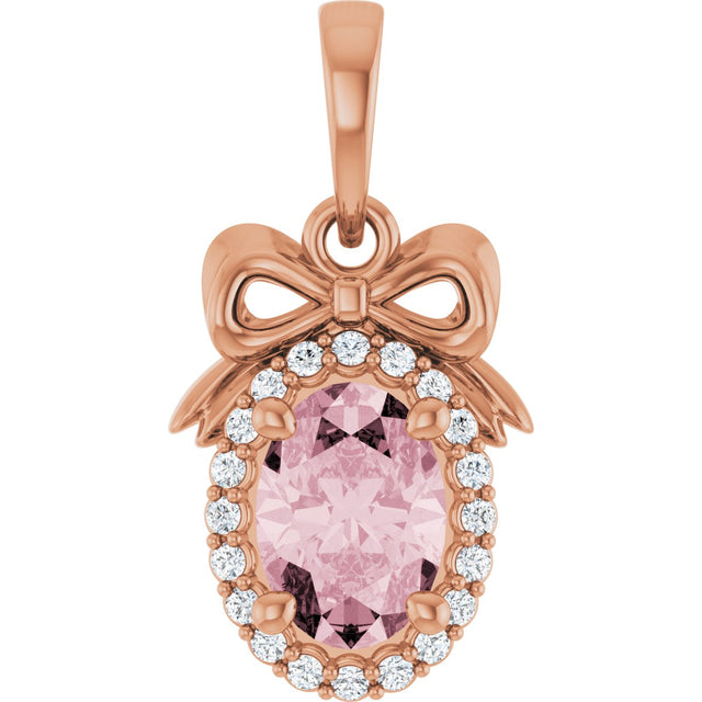 14K Gold Oval Natural Pink Morganite & Natural Diamond Accented Bow Necklace or Pendant - Rose Gold
