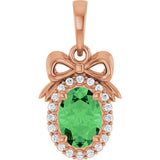 14K Gold Oval Natural Tsavorite Garnet & Natural Diamond Accented Bow Necklace or Pendant - Rose Gold