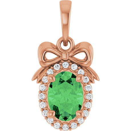 14K Gold Oval Natural Tsavorite Garnet & Natural Diamond Accented Bow Necklace or Pendant - Rose Gold