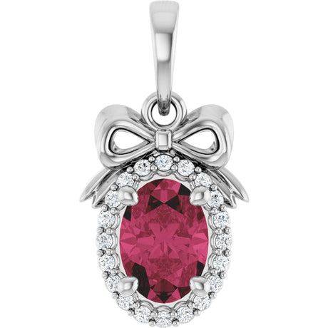 Platinum Oval Natural Rhodolite Garnet & Natural Diamond Accented Bow Necklace or Pendant