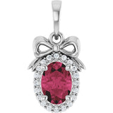 14K Gold Oval Natural Rhodolite Garnet & Natural Diamond Accented Bow Necklace or Pendant - White Gold