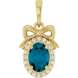 14K Gold Oval Natural London Blue Topaz & Natural Diamond Accented Bow Necklace or Pendant - Yellow Gold