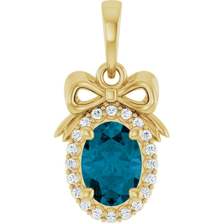 14K Gold Oval Natural London Blue Topaz & Natural Diamond Accented Bow Necklace or Pendant - Yellow Gold