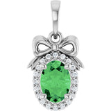 Platinum Oval Natural Tsavorite Garnet & Natural Diamond Accented Bow Necklace or Pendant