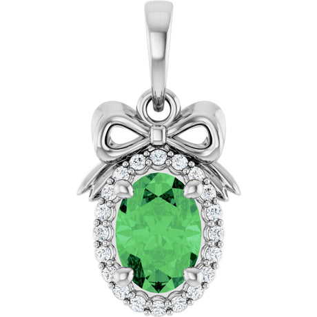 Platinum Oval Natural Tsavorite Garnet & Natural Diamond Accented Bow Necklace or Pendant