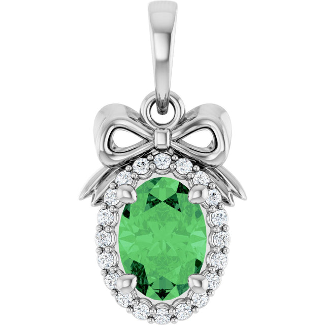 14K Gold Oval Natural Tsavorite Garnet & Natural Diamond Accented Bow Necklace or Pendant - White Gold