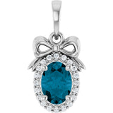 Platinum Oval Natural London Blue Topaz & Natural Diamond Accented Bow Necklace or Pendant