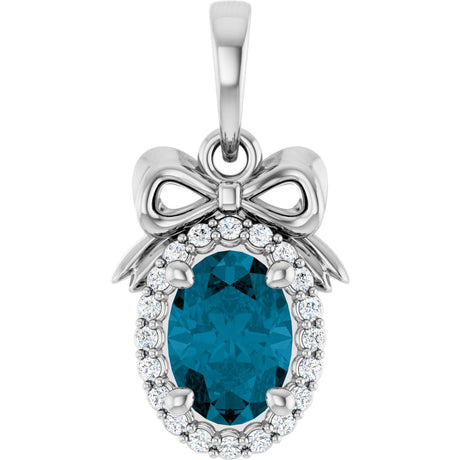 Platinum Oval Natural London Blue Topaz & Natural Diamond Accented Bow Necklace or Pendant
