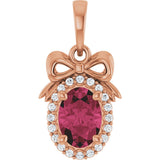 14K Gold Oval Natural Rhodolite Garnet & Natural Diamond Accented Bow Necklace or Pendant - Rose Gold