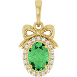 14K Gold Oval Natural Tsavorite Garnet & Natural Diamond Accented Bow Necklace or Pendant - Yellow Gold