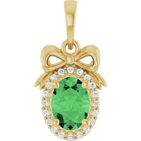 14K Gold Oval Natural Tsavorite Garnet & Natural Diamond Accented Bow Necklace or Pendant - Yellow Gold