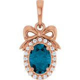 14K Gold Oval Natural London Blue Topaz & Natural Diamond Accented Bow Necklace or Pendant - Rose Gold